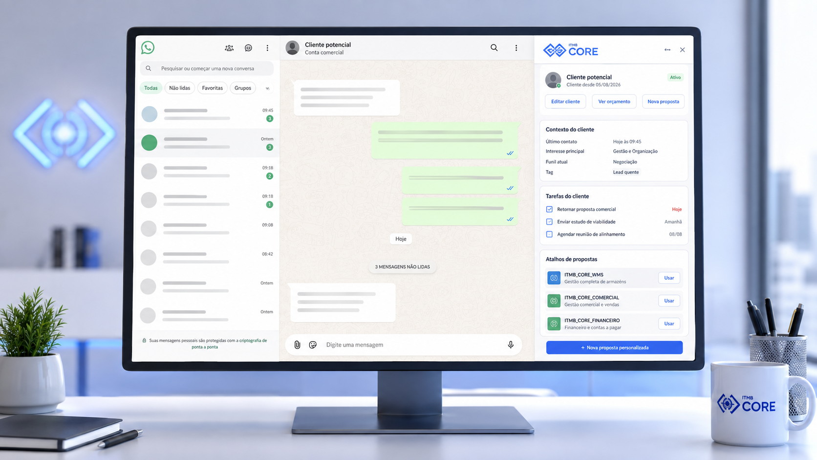 WhatsApp Web com o painel lateral do ITMB CORE