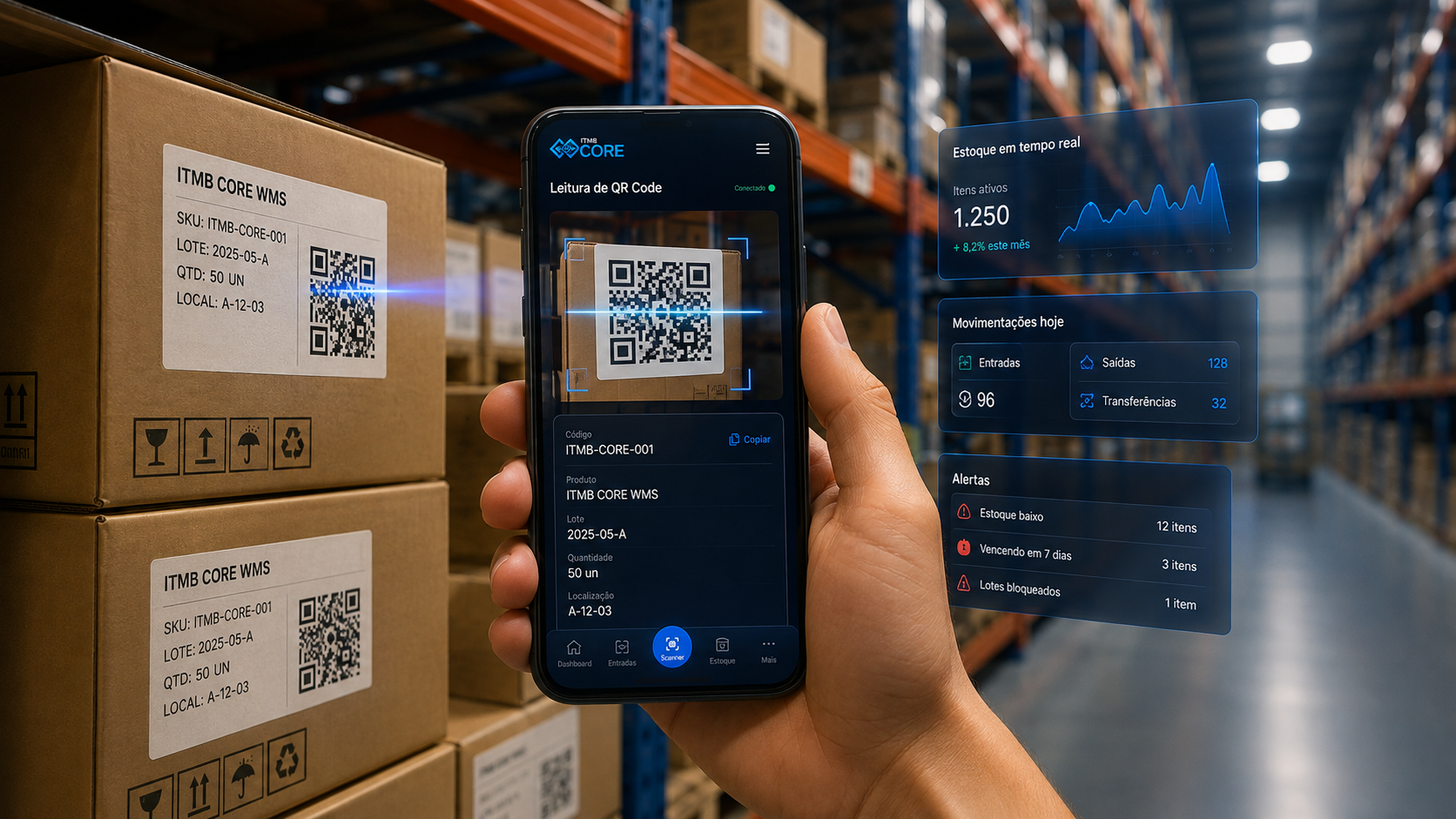 App WMS lendo QR Code no galpão